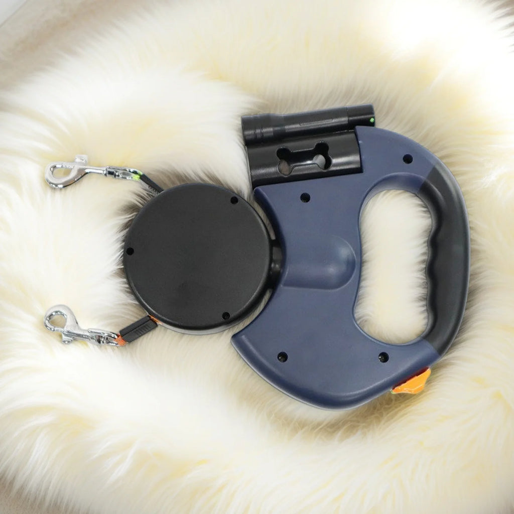 Guia Dupla Retrátil 360° com LED — Passeia com dois cães sem enroscar, seguro à noite