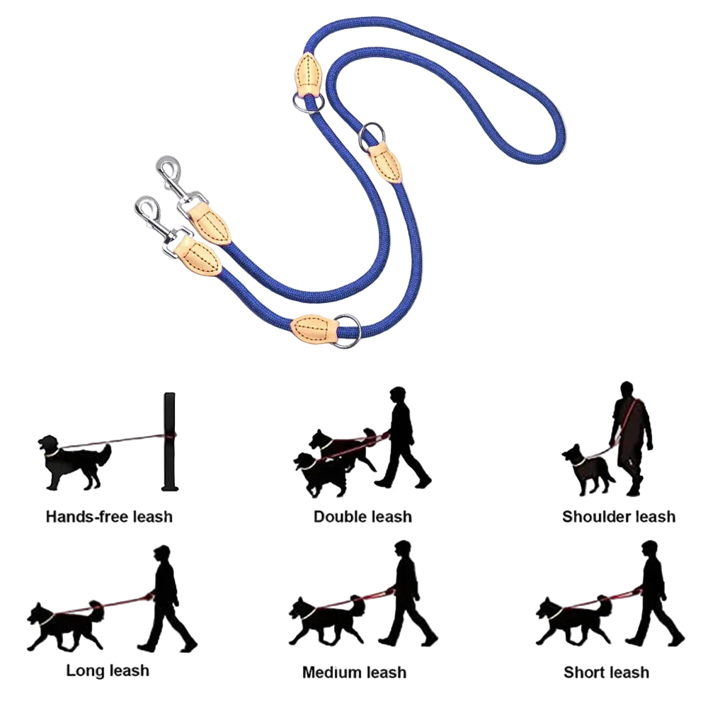 Guia dupla para dois cães — azul com swivel 360°