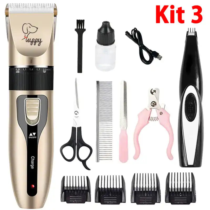 Máquina de tosa do kit profissional em uso no pelo do cão