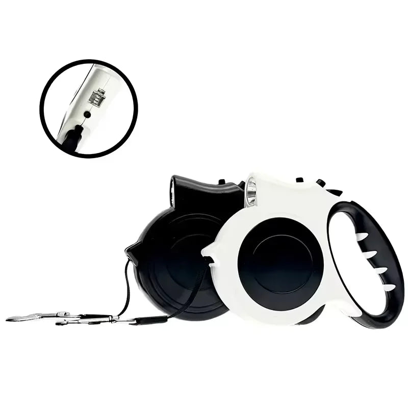 Trela retrátil iluminada preta — detalhe do cabo extensível