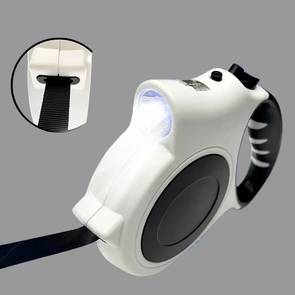 Trela retrátil iluminada para passeios noturnos — branca com LED