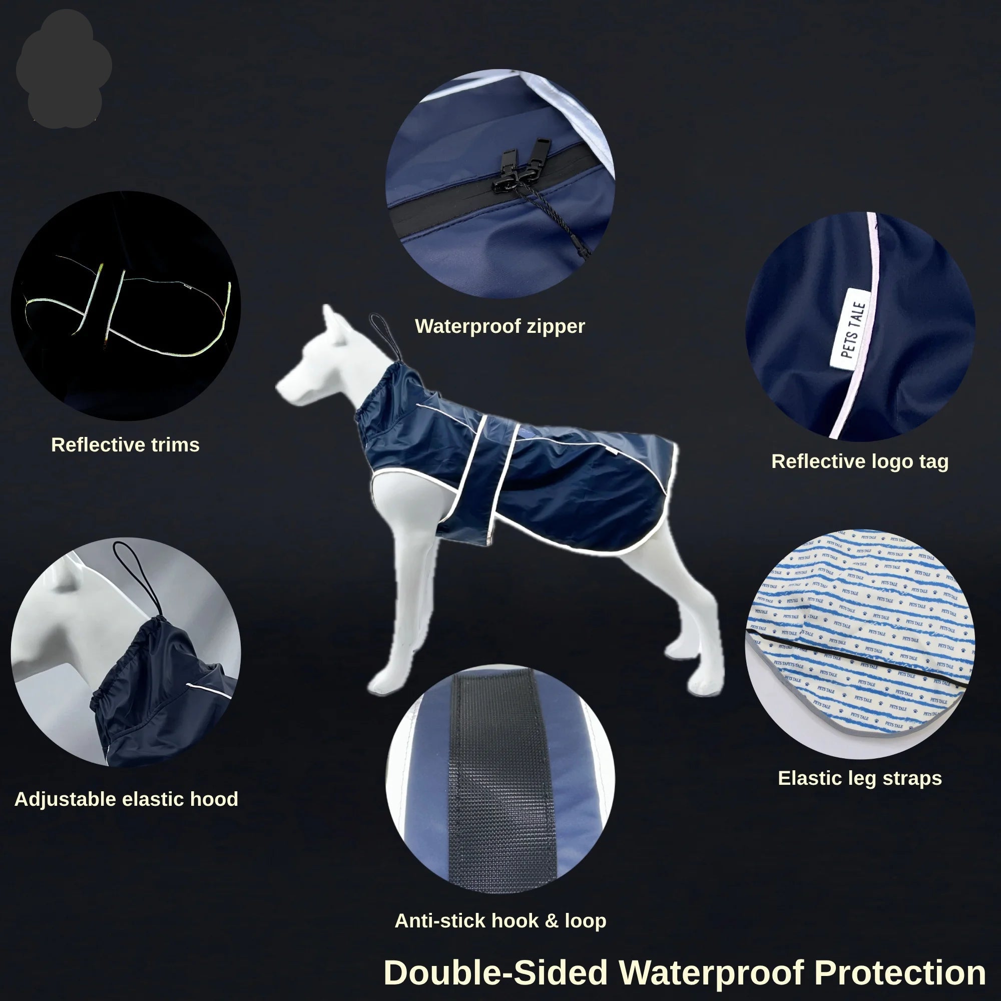Capa de chuva para pets — detalhe do fecho e capuz ajustável