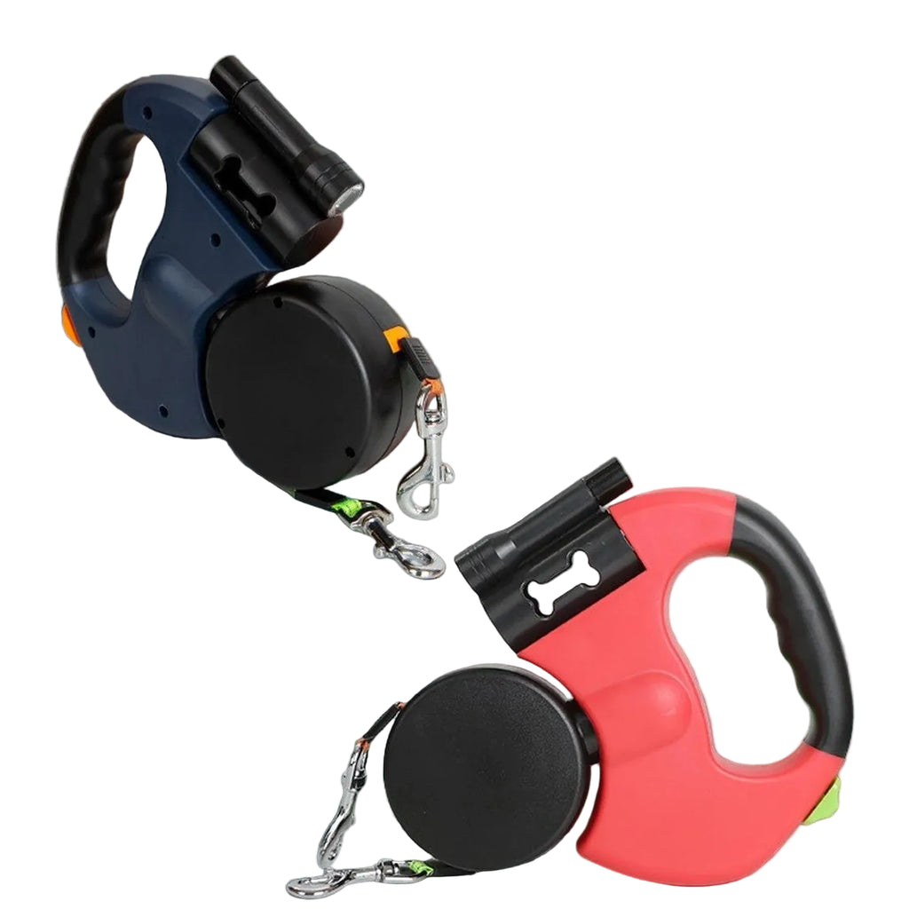 Guia Dupla Retrátil 360° com LED — Passeia com dois cães sem enroscar, seguro à noite
