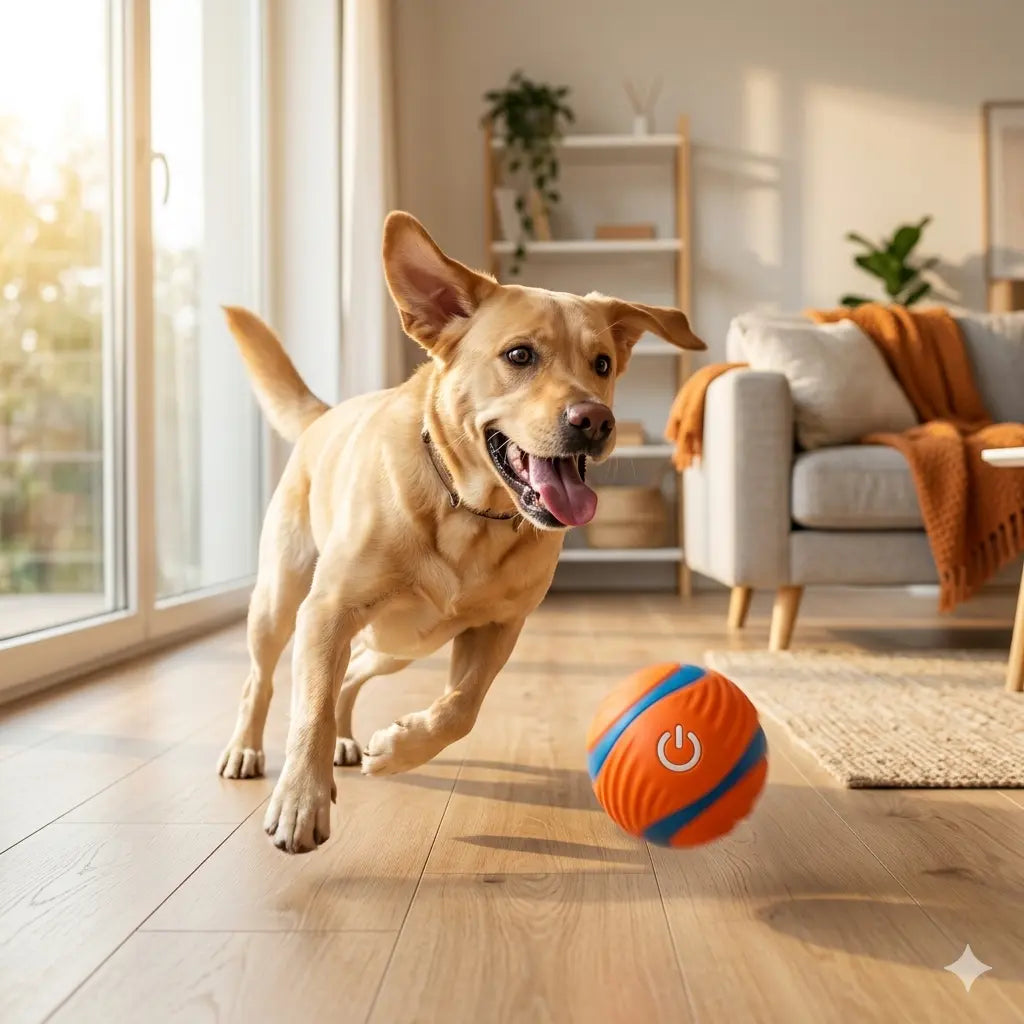 Bola interativa inteligente para cães — Labrador a perseguir a bola laranja em sala