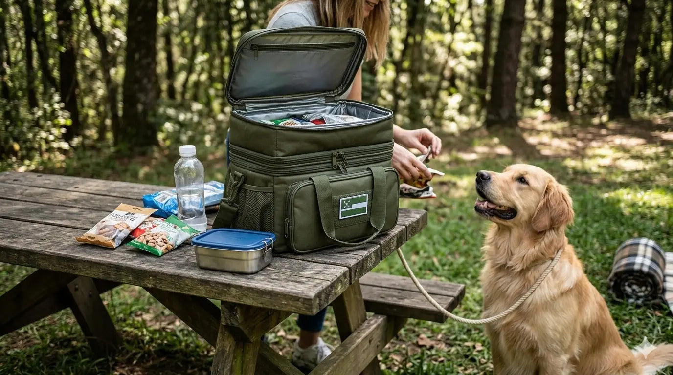 Bolsa térmica para viagens com pet — Golden Retriever a espreitar a bolsa verde
