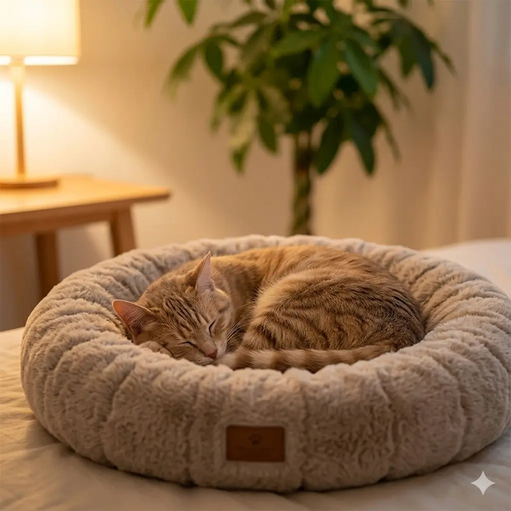 Cama calmante anti-ansiedade — gato laranja a dormir em cama redonda bege