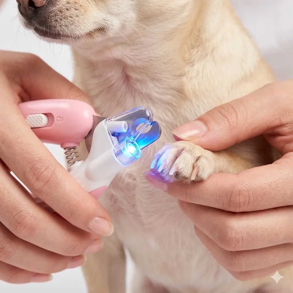 Cortador de unhas com luz LED para cães — tutora a cortar as garras
