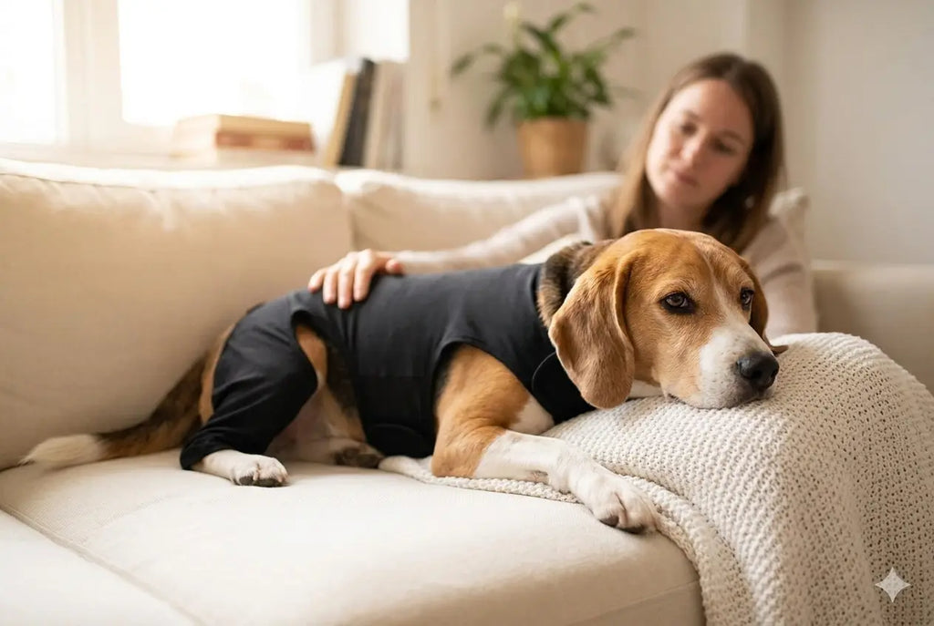 Fato de recuperação pós-cirurgia para cão Beagle — alternativa ao colar