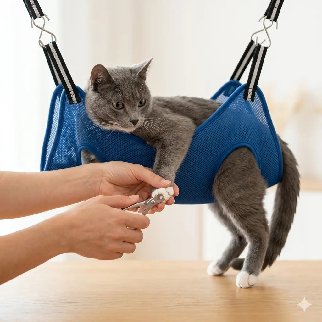 Rede de grooming anti-arranhões — gato cinzento suspenso e calmo durante corte de unhas