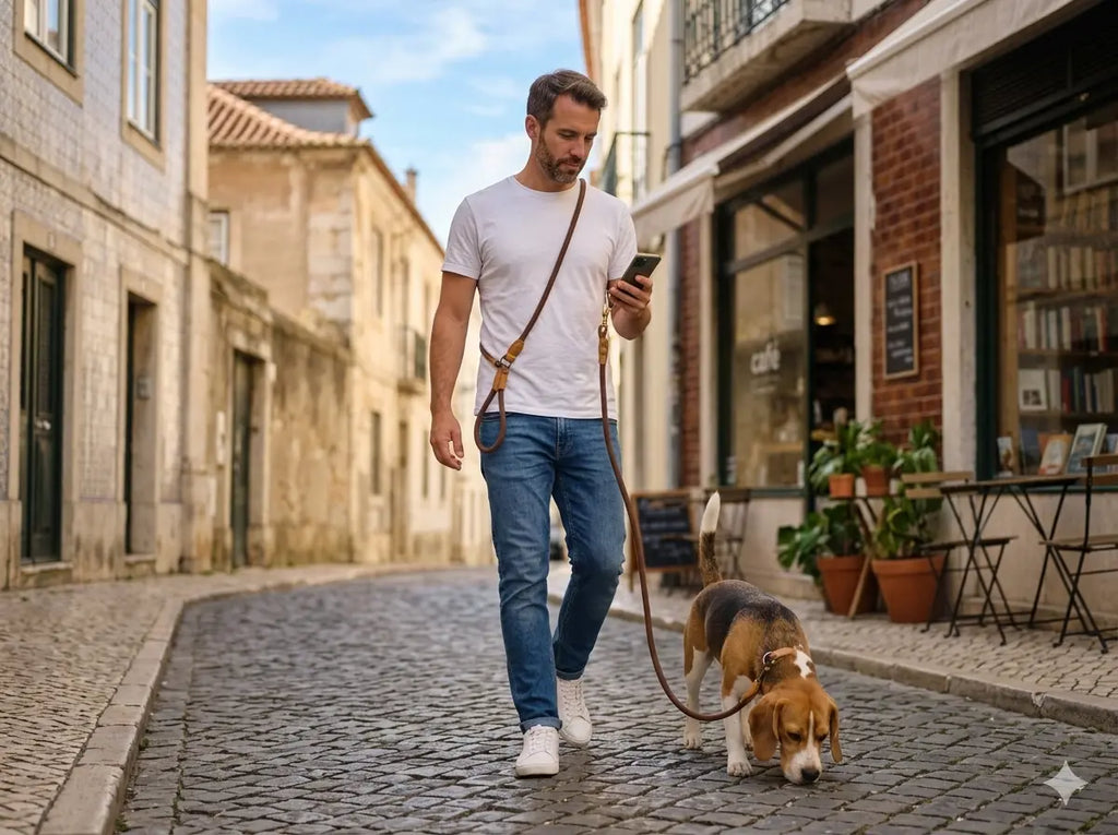 Guia ajustável multifunções — homem a passear Beagle em Lisboa com guia tiracolo