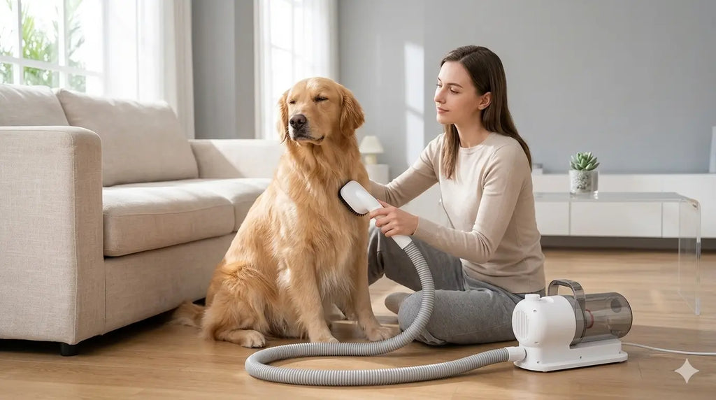 Sistema de grooming com aspirador de pelos — tutora a usar no Golden Retriever
