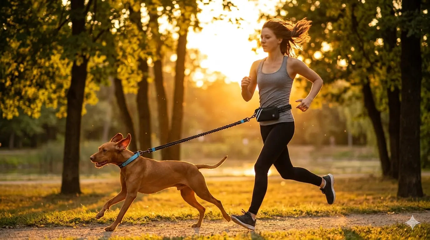 Guia mãos-livres para correr — mulher a correr com cão Vizsla ao pôr-do-sol